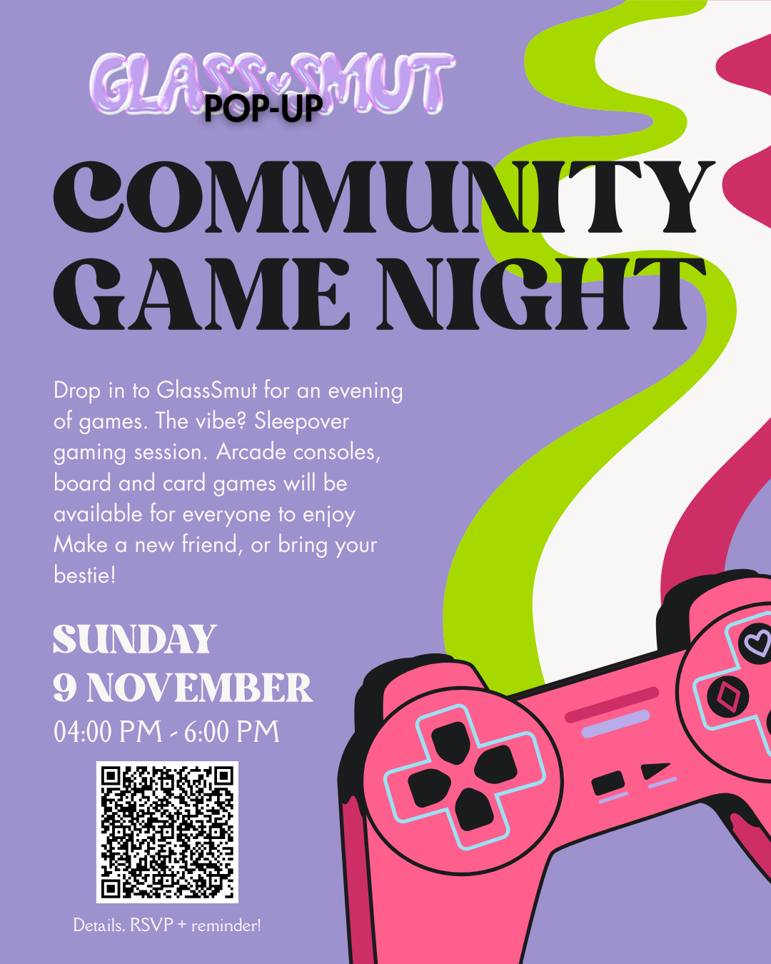 Promotional poster for a community game night event at GlassSmut with a pink gaming controller on a purple background.