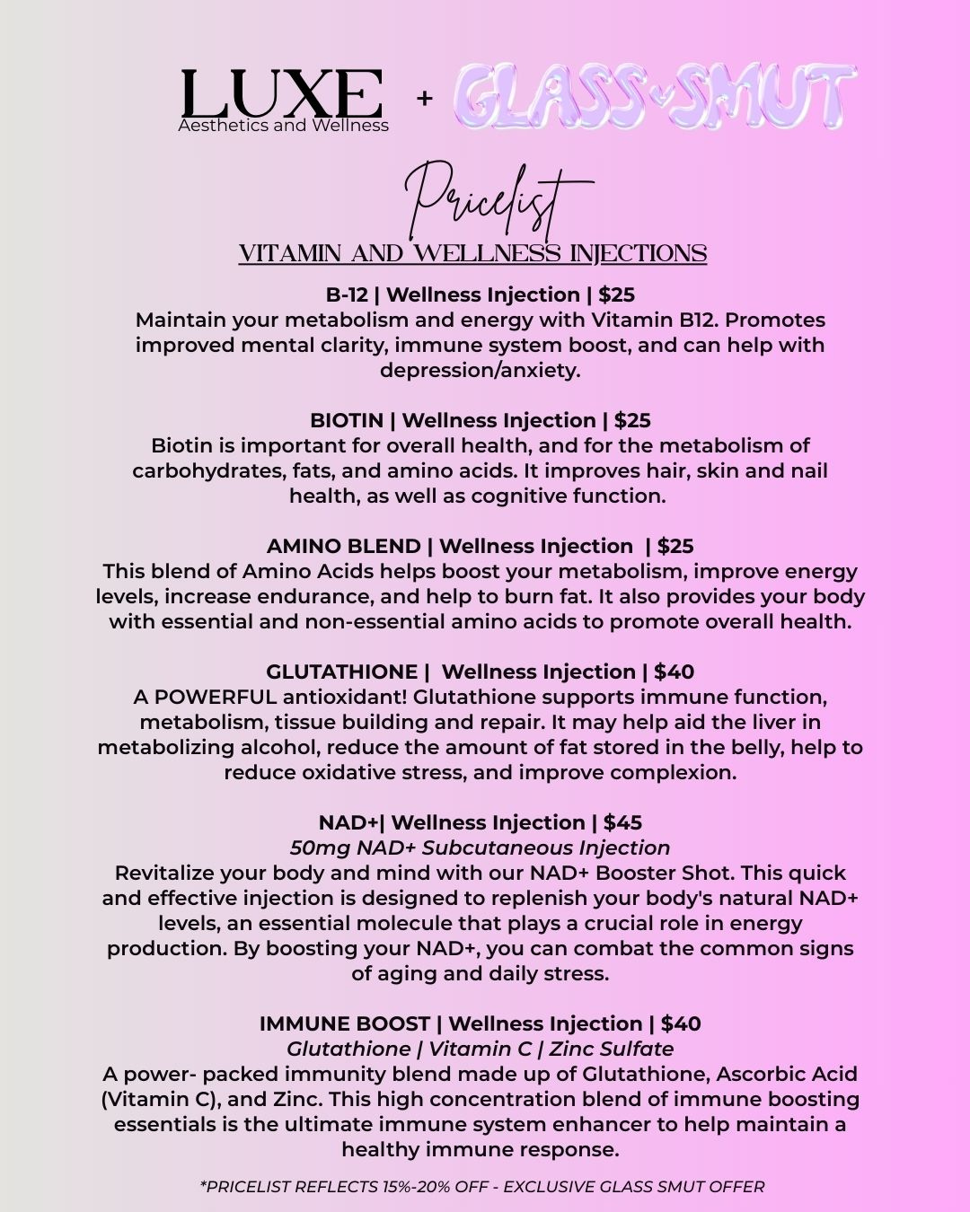 9/12 Vitamin Injections and IV hydration with Luxe Aesthetics