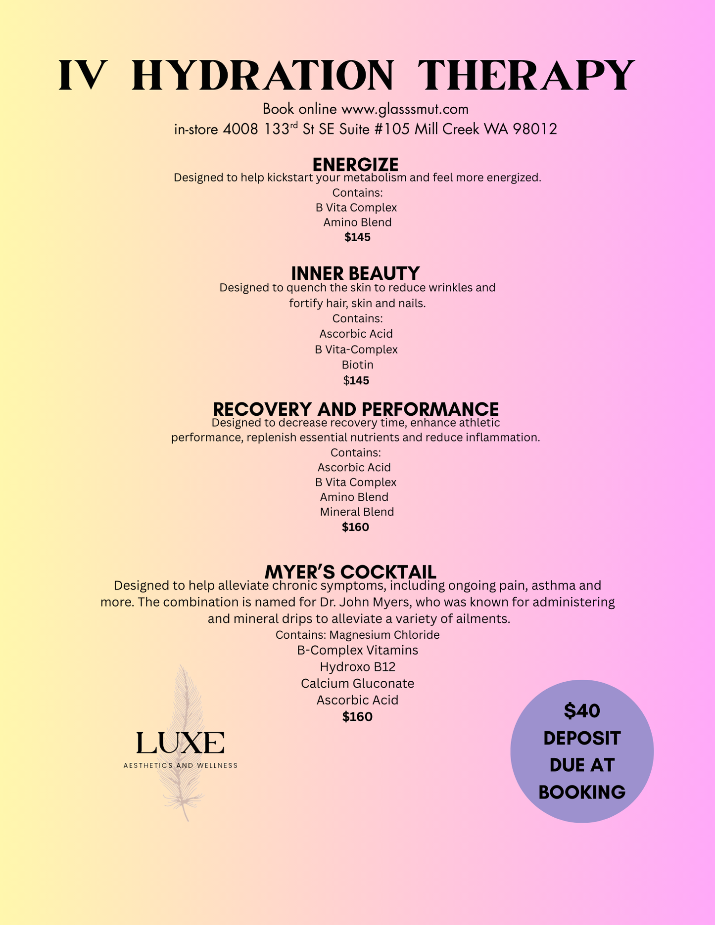 9/12 Vitamin Injections and IV hydration with Luxe Aesthetics
