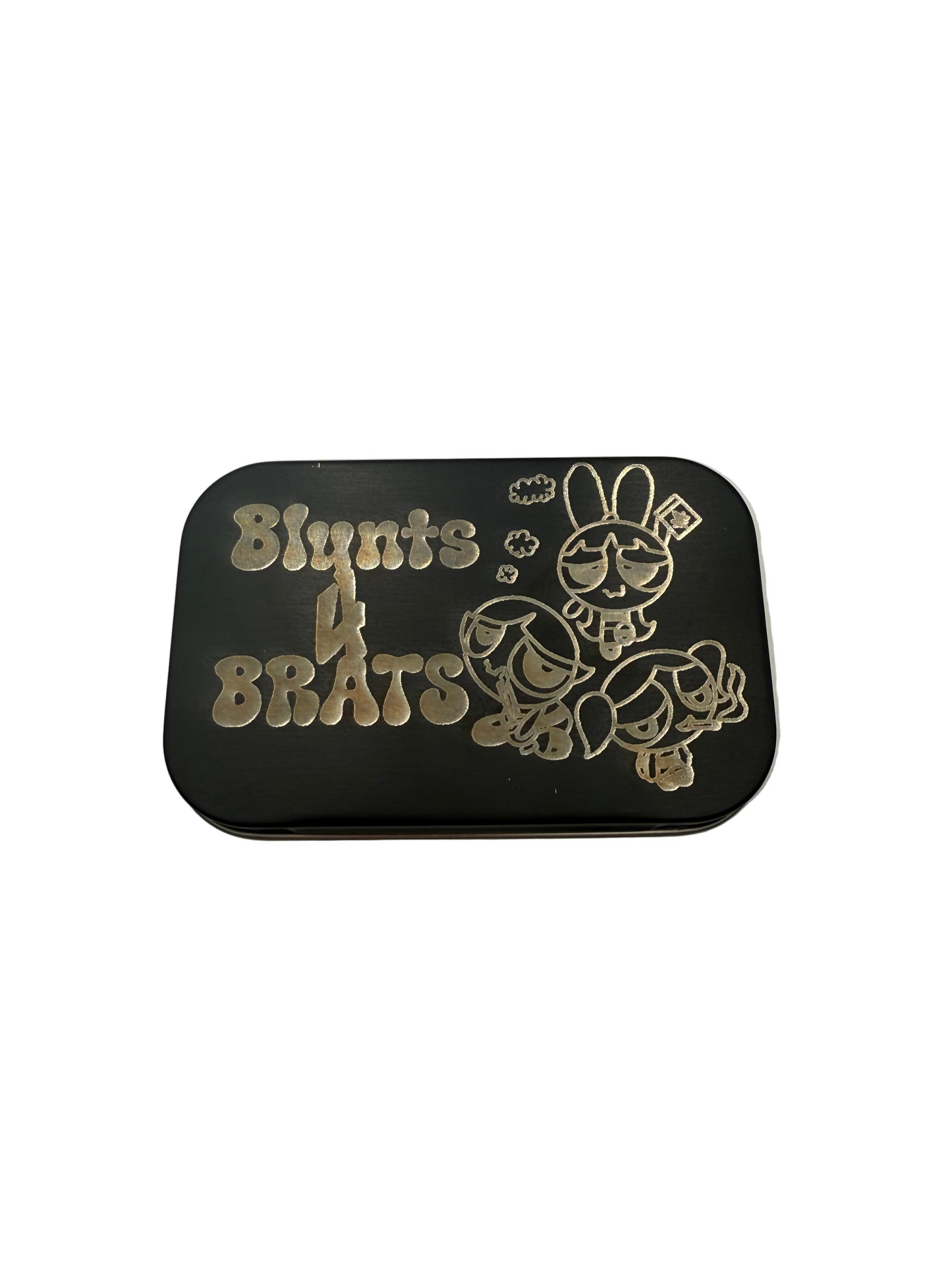 Matte Black Aluminum Hinged Tin with GlassSmut Original Design "Blunts 4 Brats" engraved on the lid.