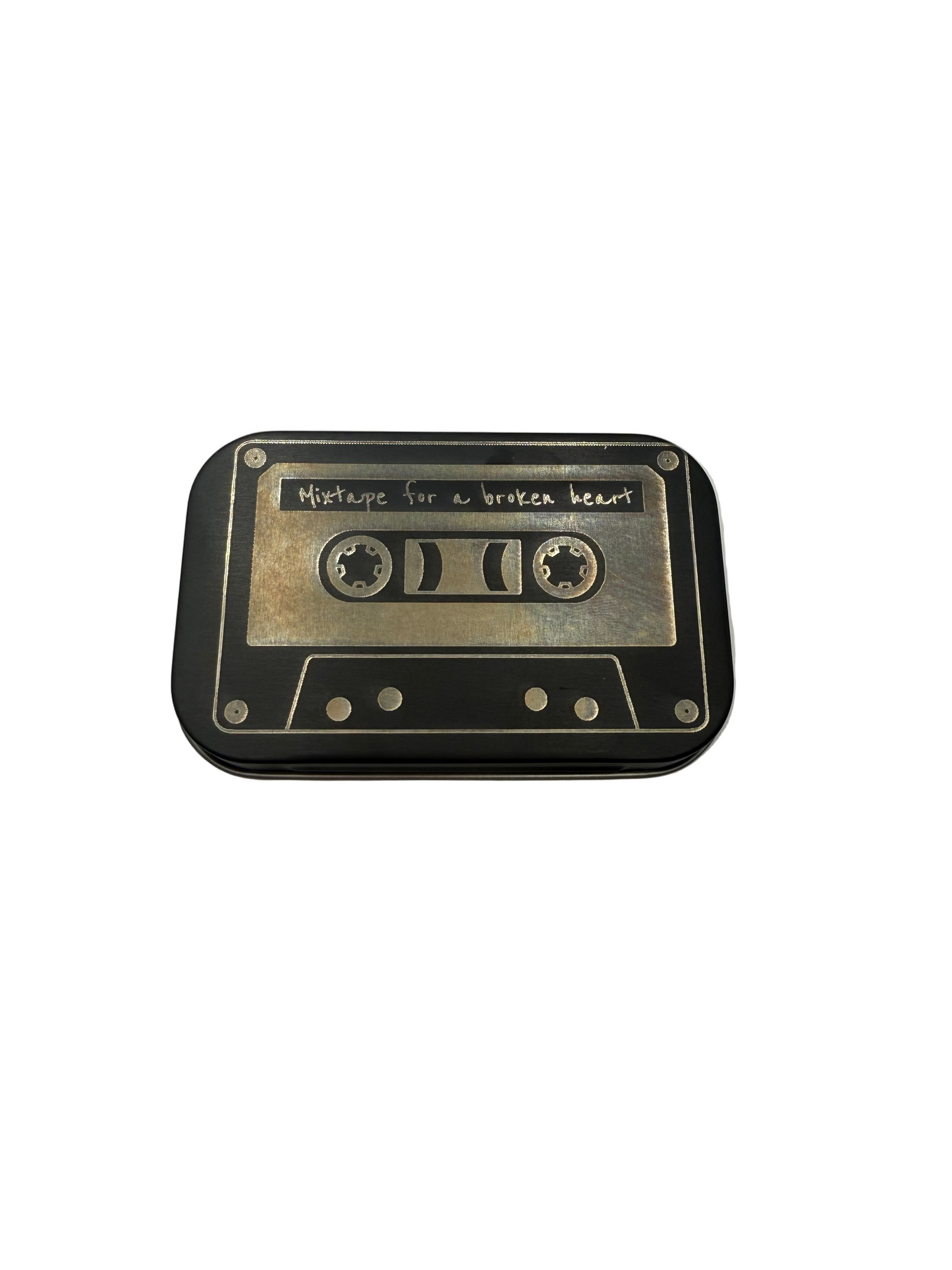 Matte Black Aluminum Hinged Tin with GlassSmut Original Design "Broken Heart Cassette" engraved on the lid.