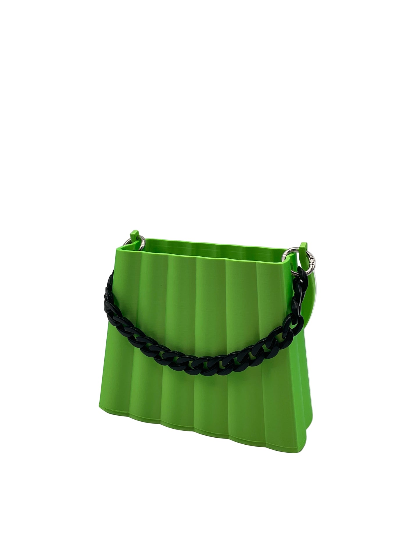 Green bag with a black accent chain and green handle