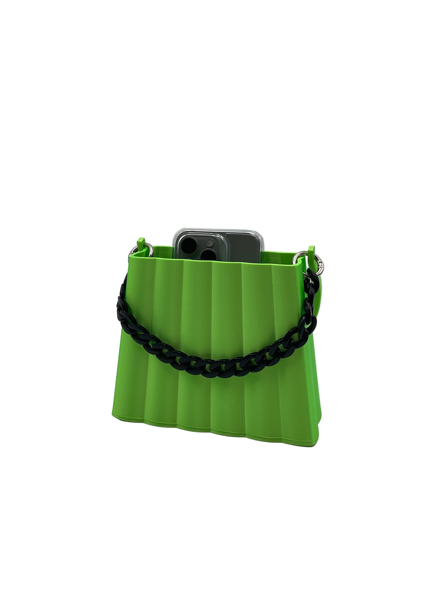 Green 3d printed bag with a black accent chain, shown with a 15 pro max sticking slightly out of the top of the bag