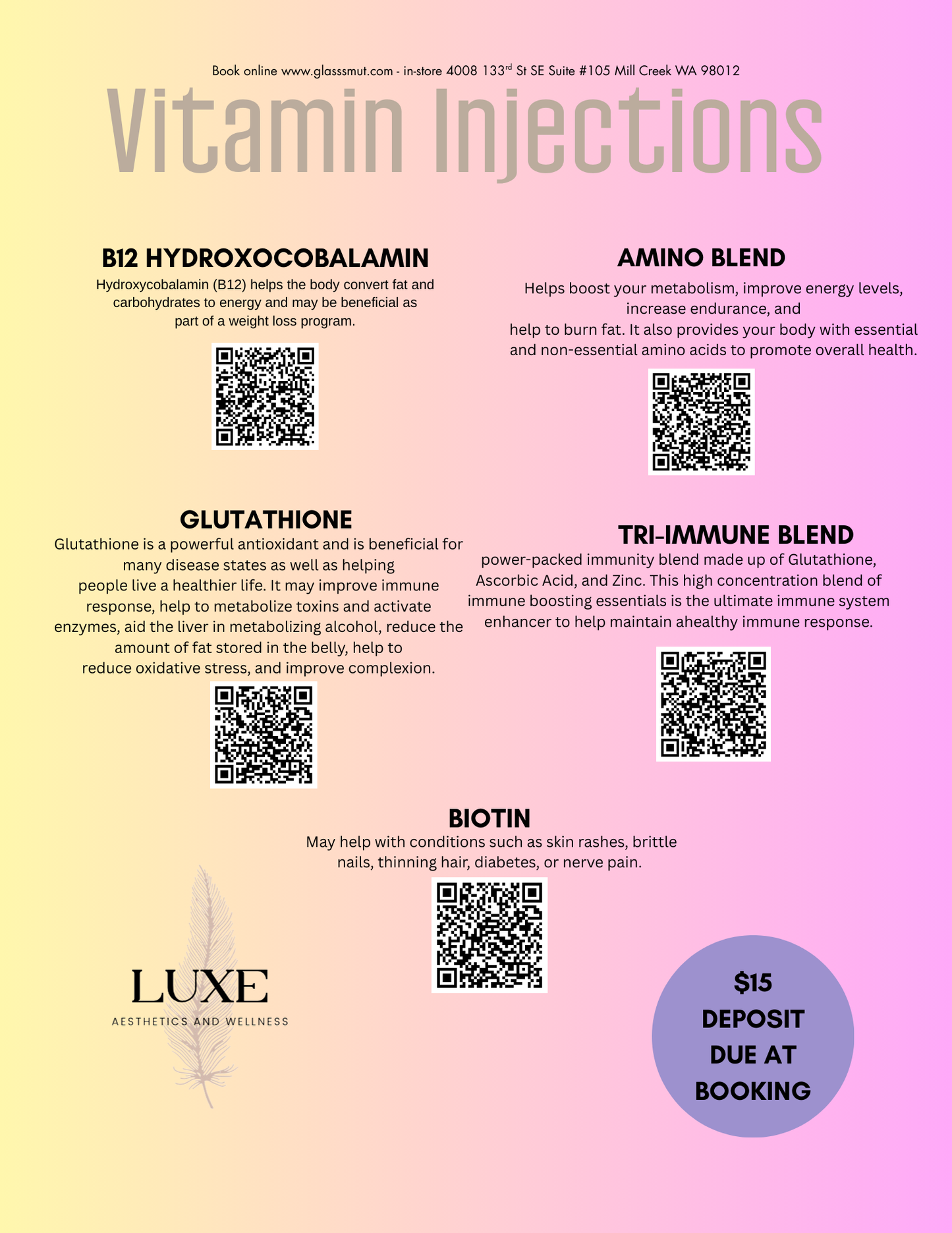 9/12 Vitamin Injections and IV hydration with Luxe Aesthetics
