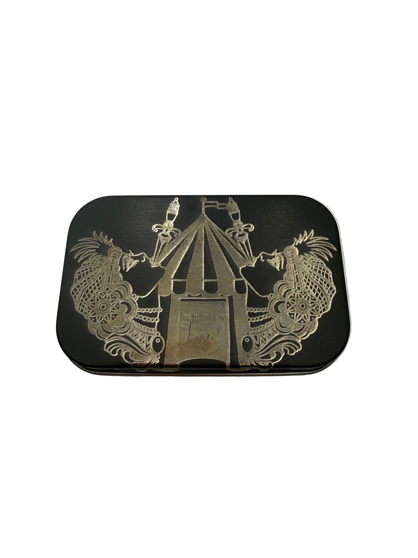 Matte Black Aluminum Hinged Tin with GlassSmut Original Design "Circus Freak" engraved on the lid.