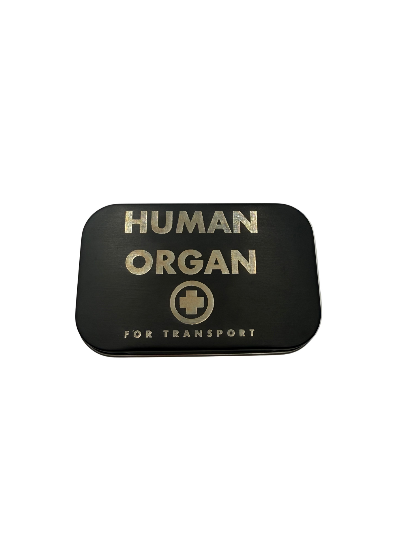 Matte Black Aluminum Hinged Tin with GlassSmut Original Design "Human Organ Transport" engraved on the lid.