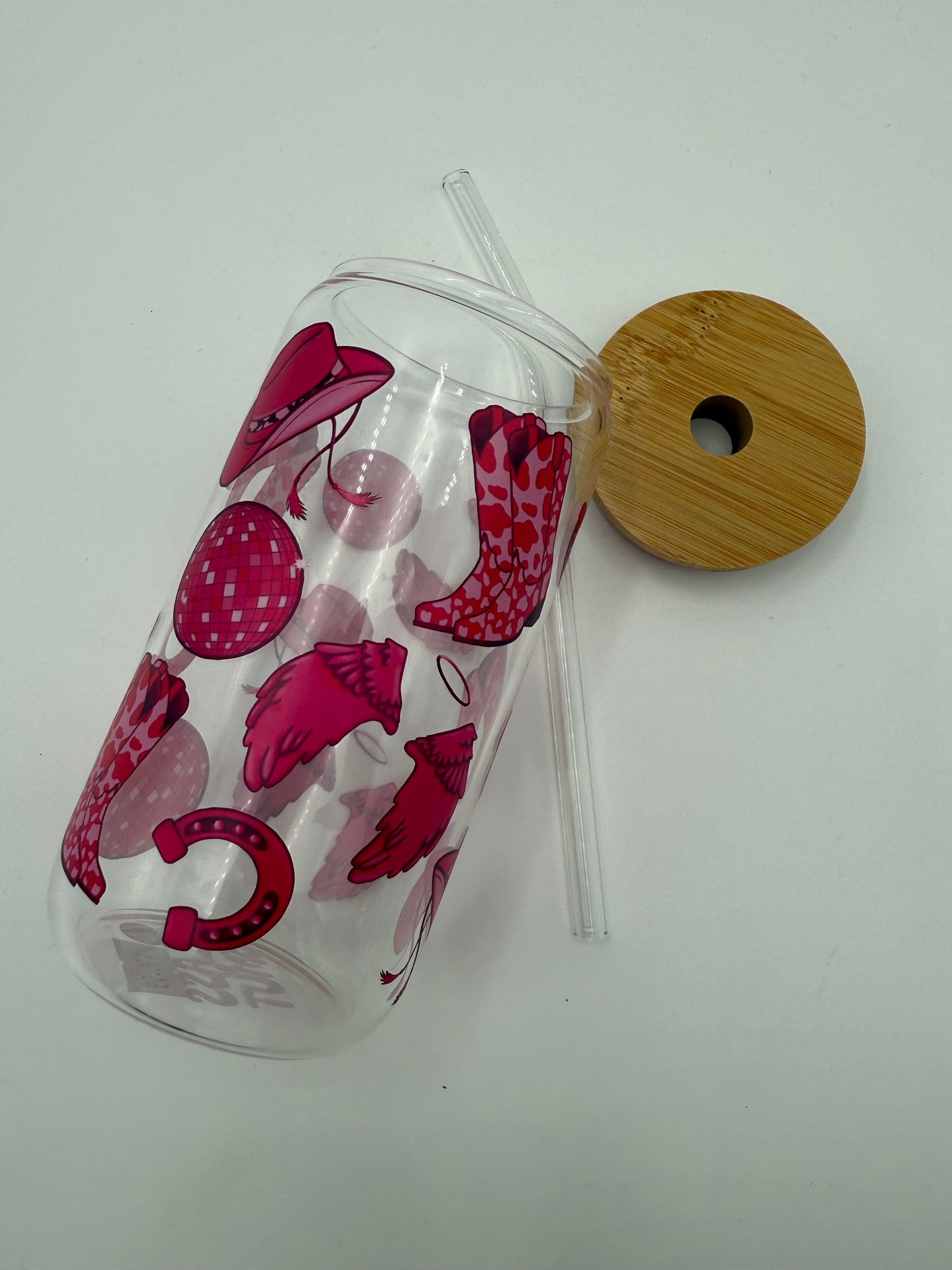 Cowboys and Angels Glass Cup with Straw and Bamboo Lid #698