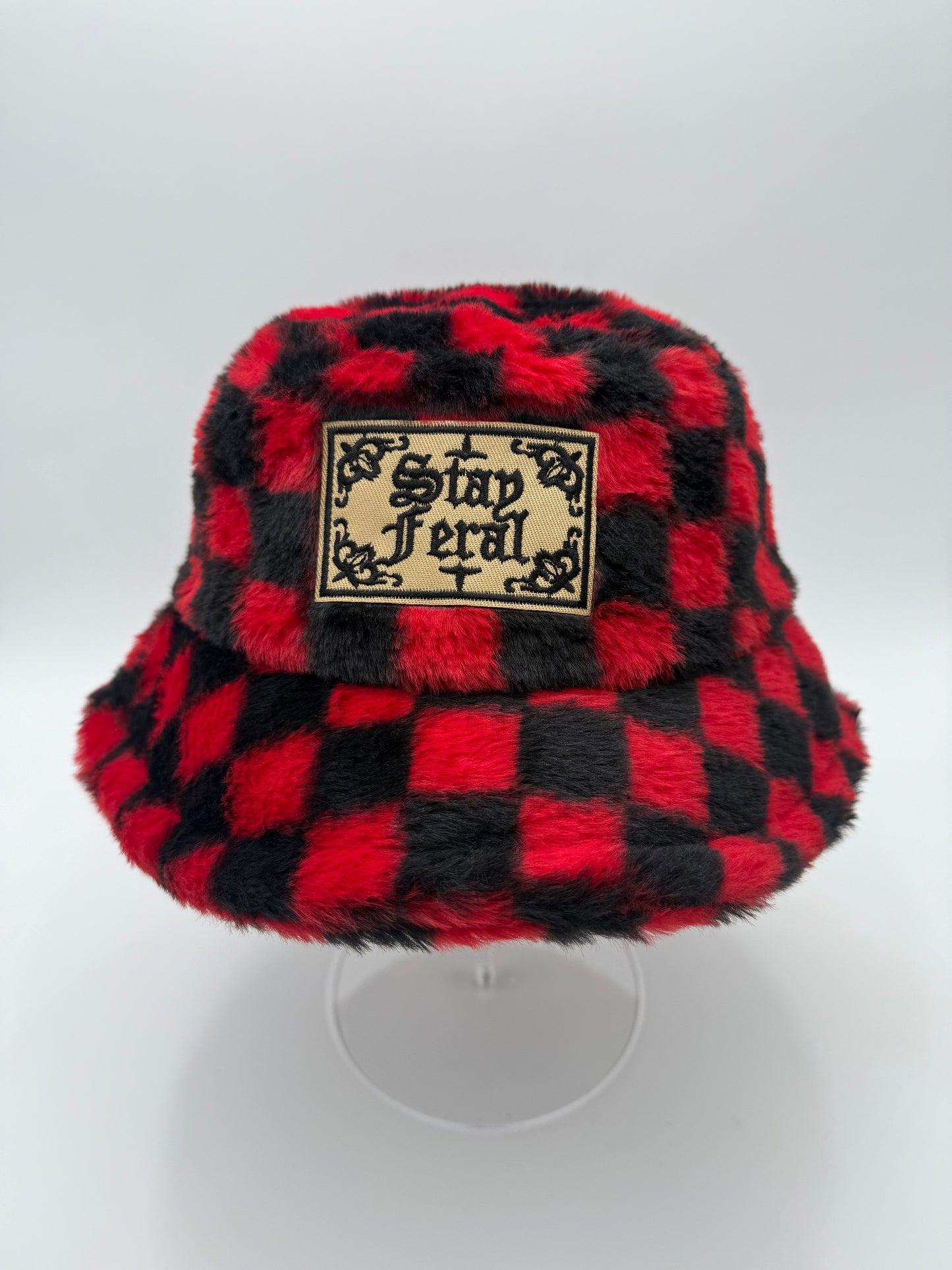 Stay Feral Red Checker Fuzzy Bucket Hat #769
