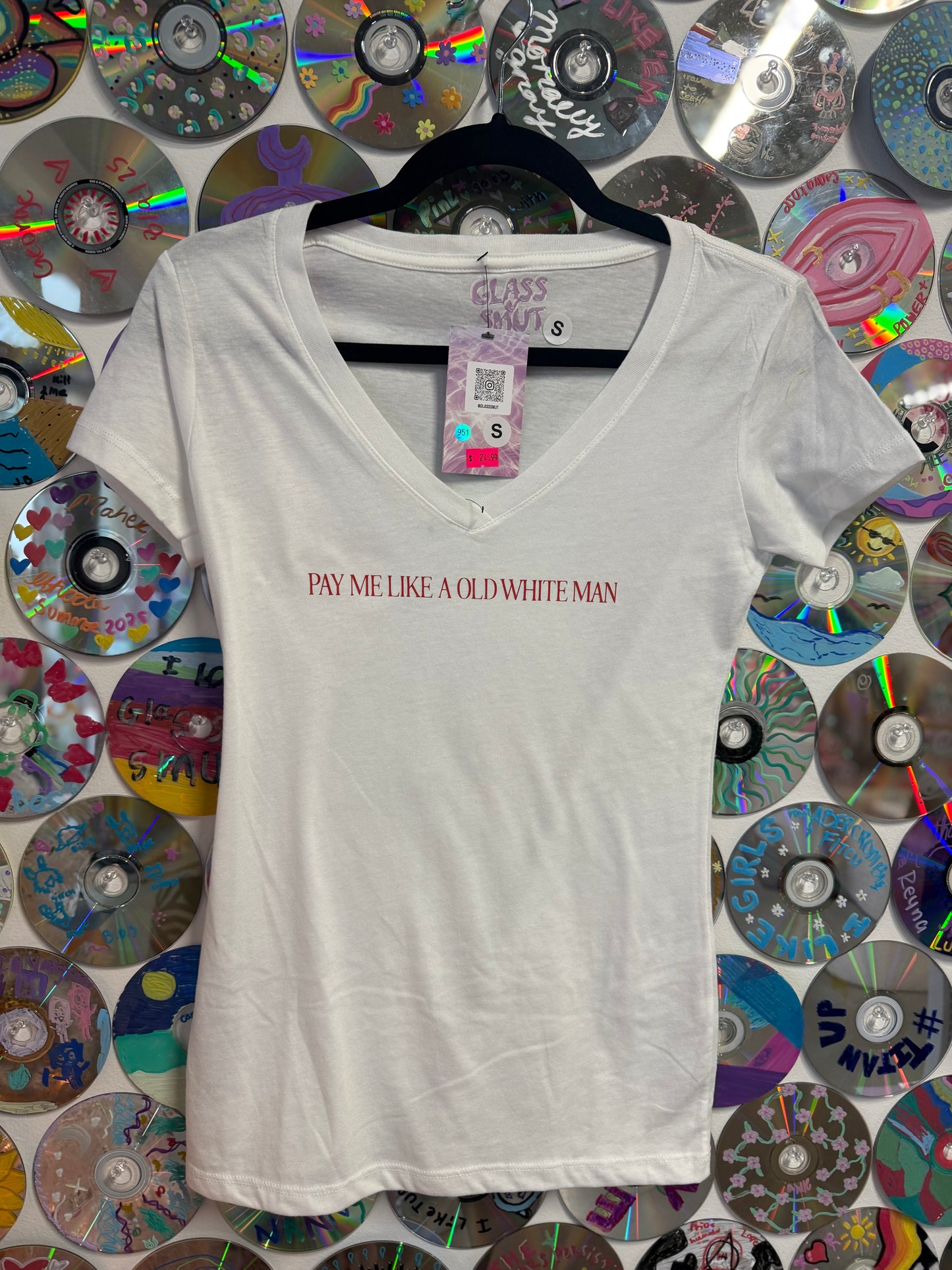 #951 - Pay Me Like a Old White Man white v-neck t-shirt - S