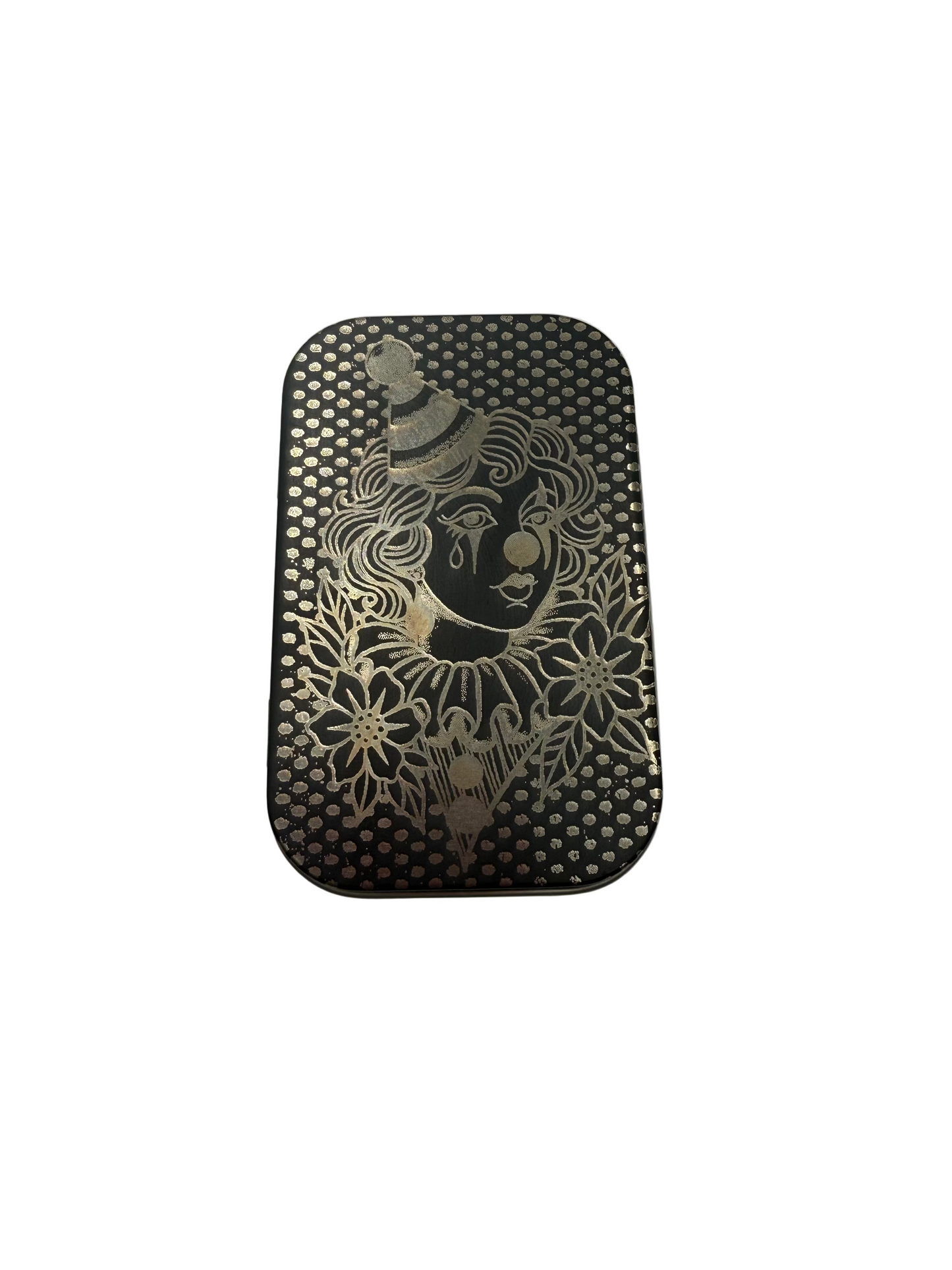 Matte Black Aluminum Hinged Tin with GlassSmut Original Design "Red Nose" engraved on the lid.