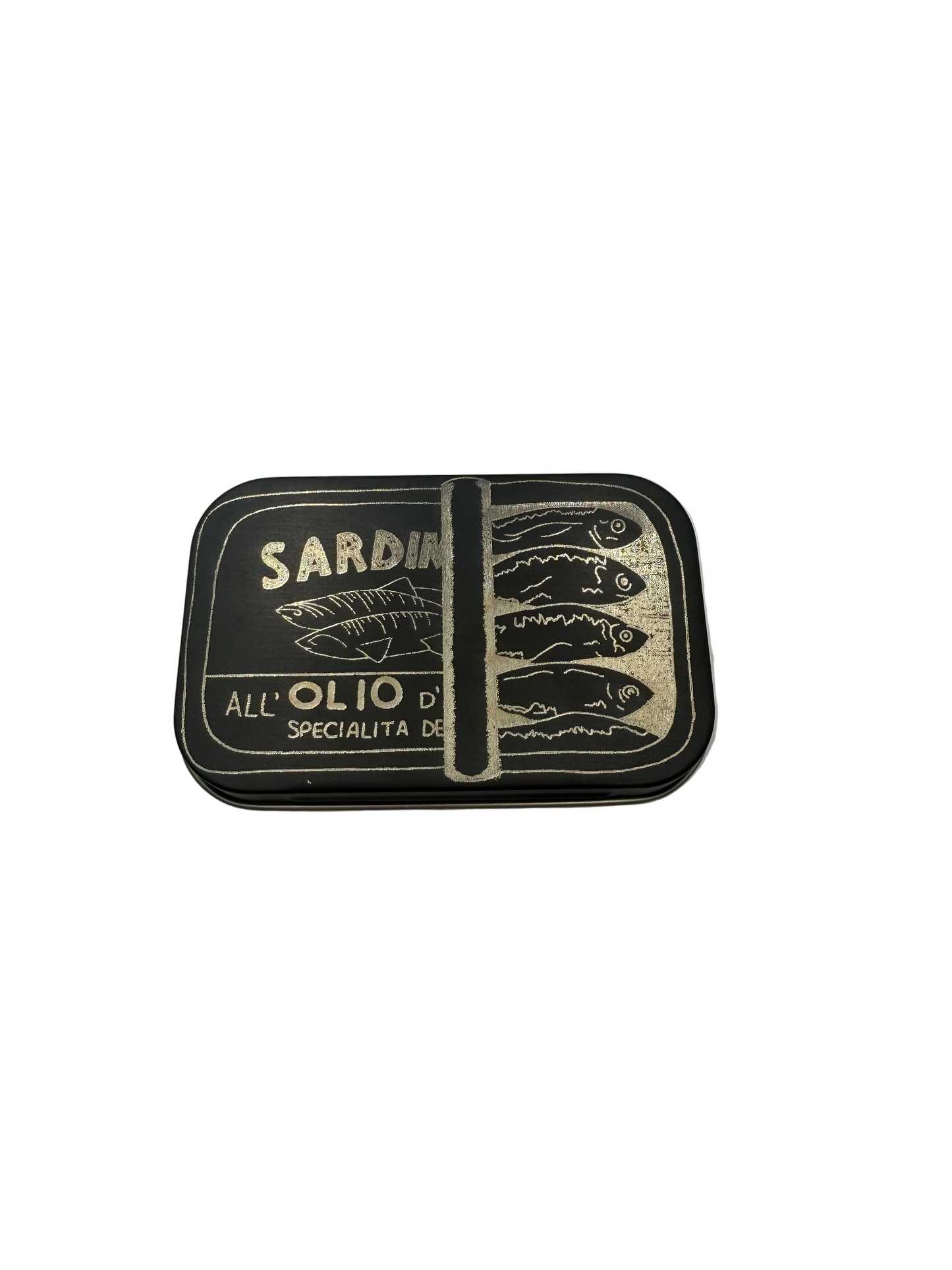 Matte Black Aluminum Hinged Tin with GlassSmut Original Design "Sardines" engraved on the lid.