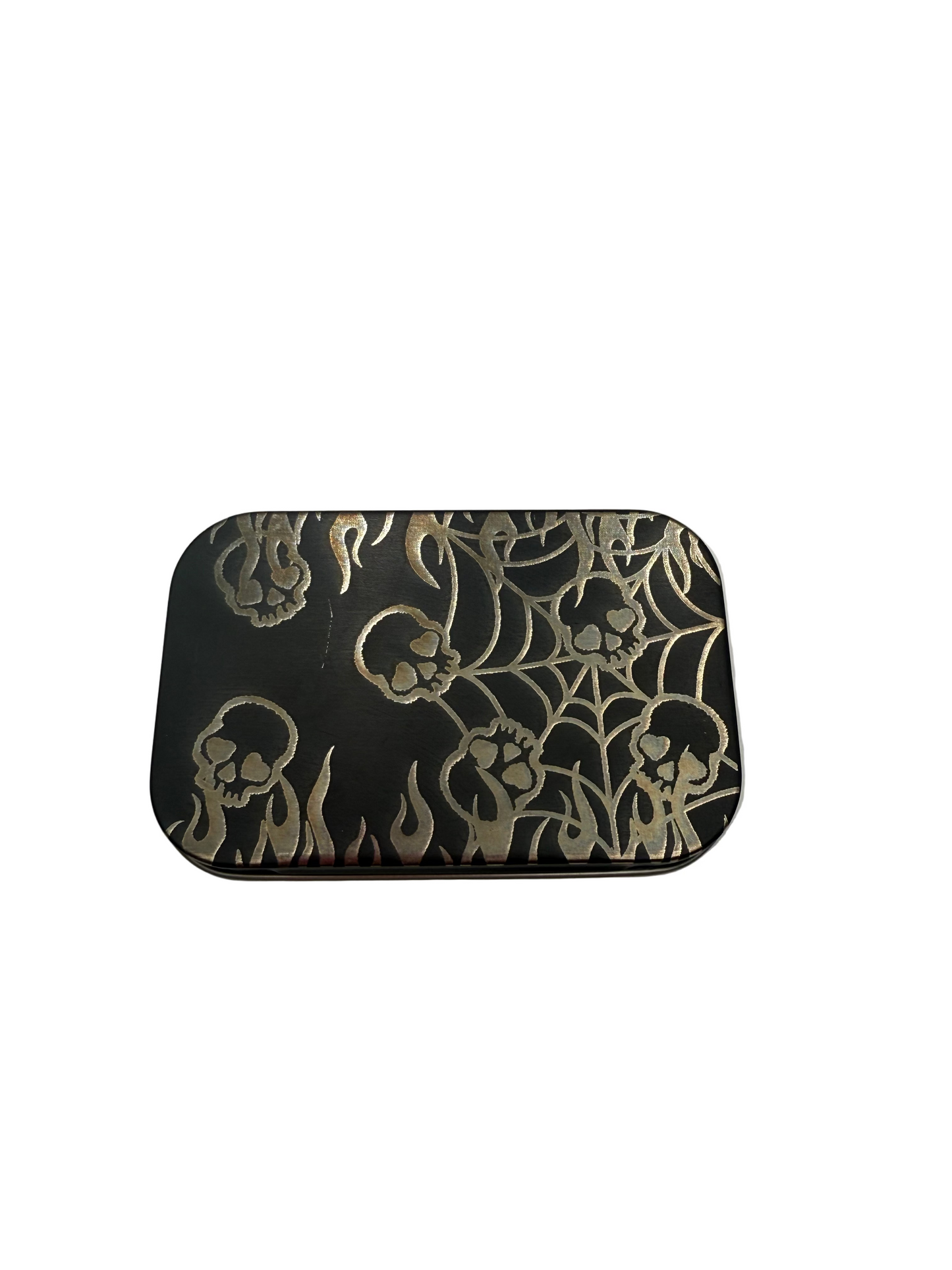 Matte Black Aluminum Hinged Tin with GlassSmut Original Design "Sweet Skulls" engraved on the lid.