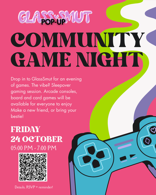 Promotional poster for GlassSmut Pop-Up Community Game Night with a colorful gaming controller on a pink background.