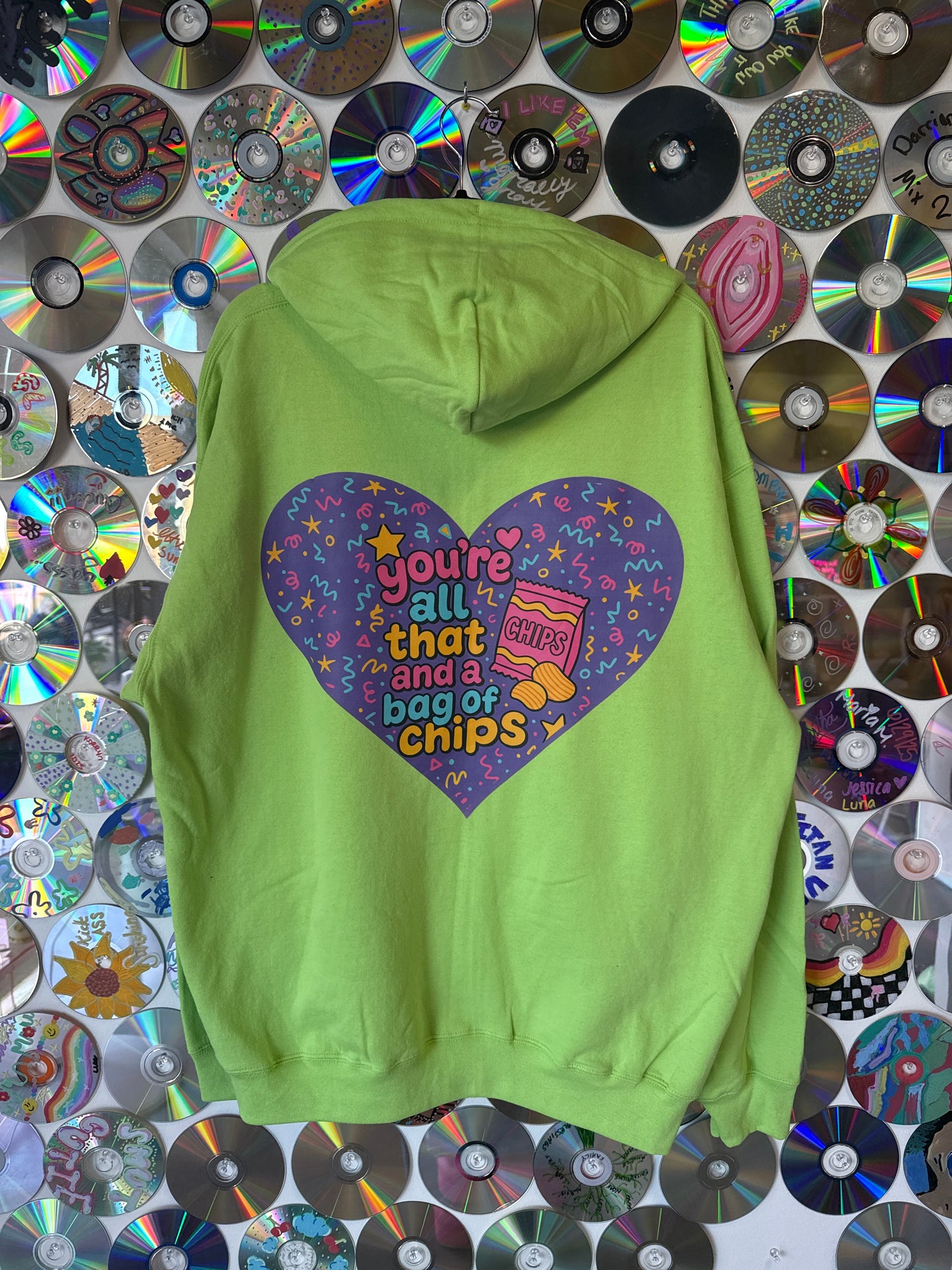 #549 - "You're all that and a bag of chips" Neon Green Zip Hoodie XL