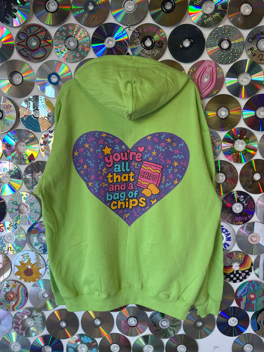 #549 - "You're all that and a bag of chips" Neon Green Zip Hoodie XL