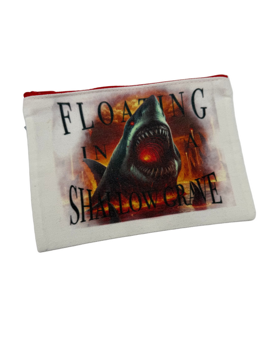 Pouch with a shark graphic and text on a white background