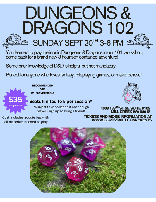 Promotional flyer for a Dungeons & Dragons 102 workshop on Sunday, September 20th from 3-6 PM. The flyer features a light blue background with black text, purple pricing badge, and a central photo of purple polyhedral gaming dice on green moss.