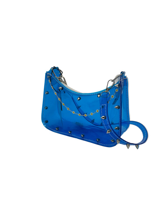 90s style jelly handbag with chrome studs on front and shoulder strap and a dainty daisy accent chain