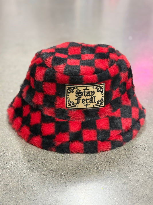 #896 - Stay Feral Red and Black Check Fuzzy Bucket Hat