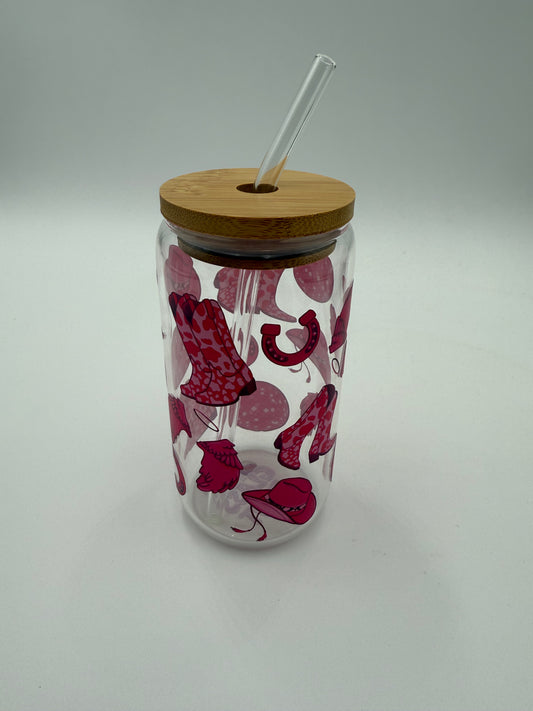 Cowboys and Angels Glass Cup with Straw and Bamboo Lid #698