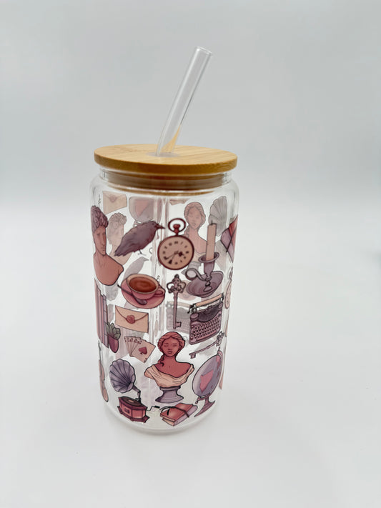 Light Academia Glass Cup with matching Straw and Bamboo Lid #700