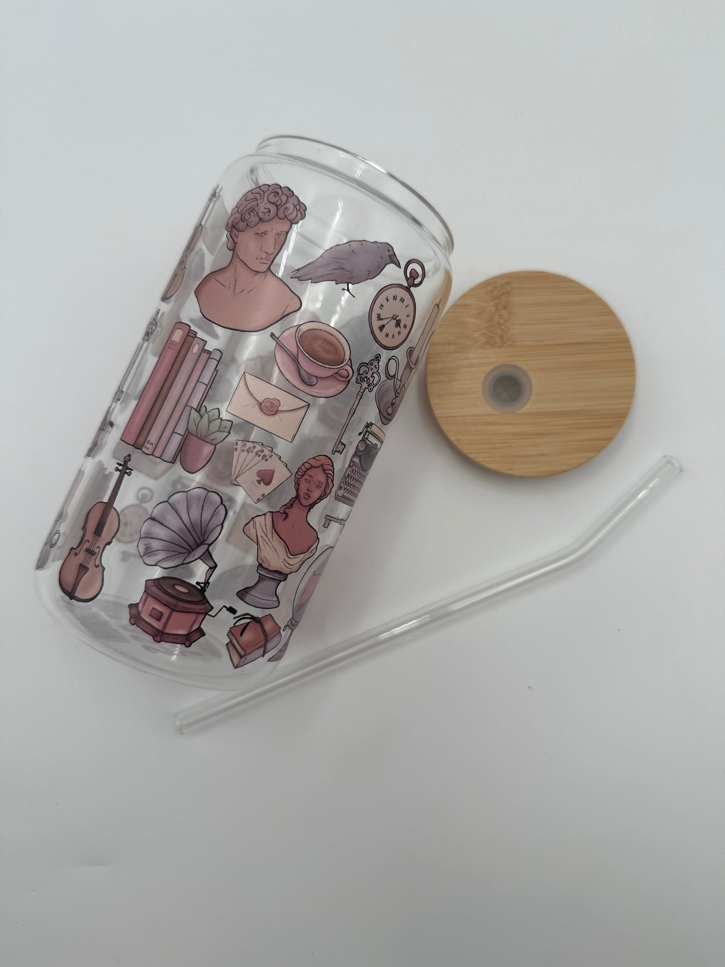 Light Academia Glass Cup with matching Straw and Bamboo Lid #700