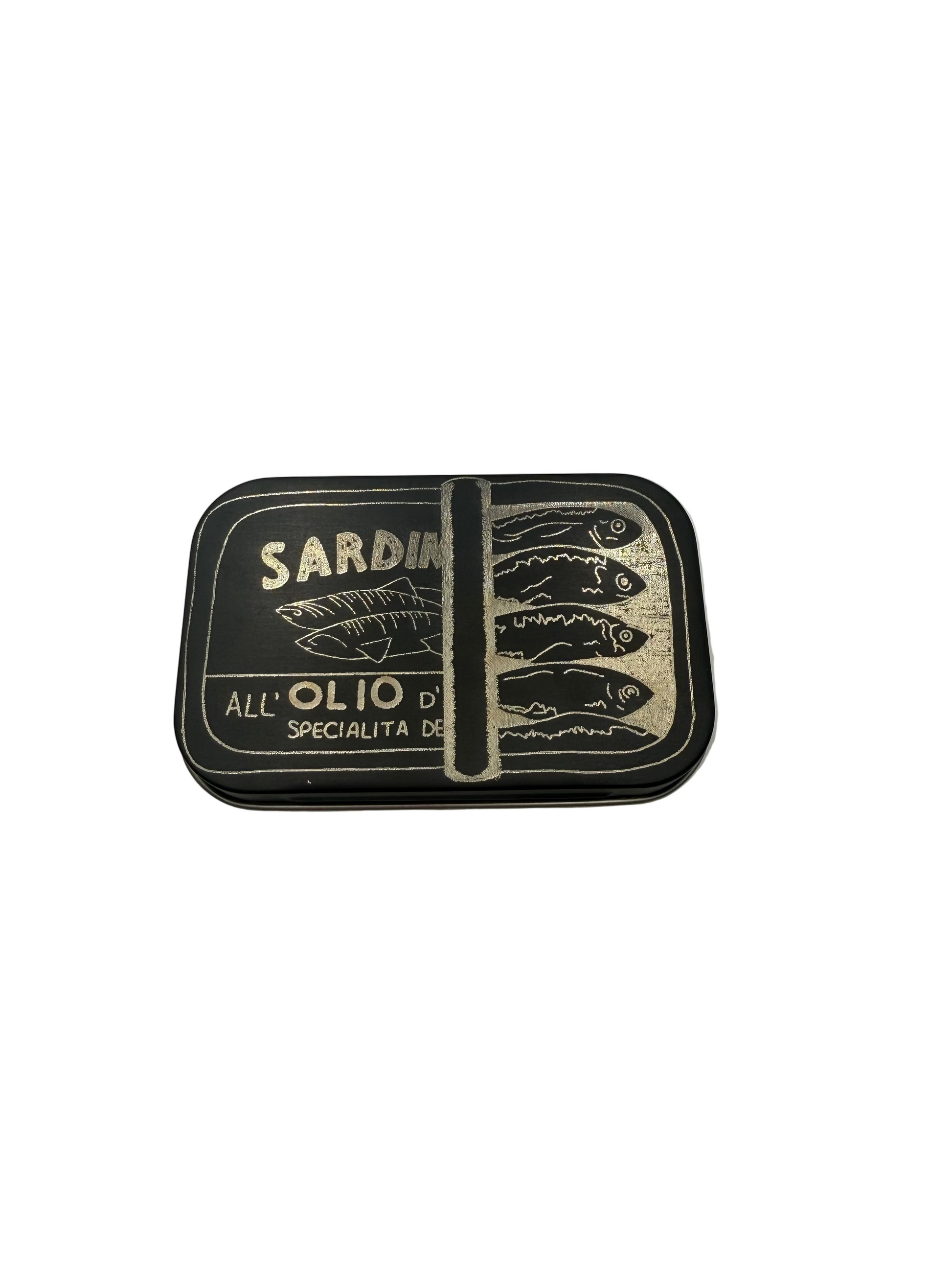 Matte Black Aluminum Hinged Tin with GlassSmut Original Design "Sardines" engraved on the lid.